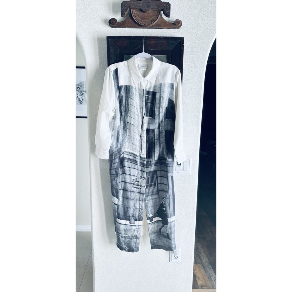 DKNY Printed Silk Womens Shirt Dress Size Large Black Cream Long Sleeve Maxi